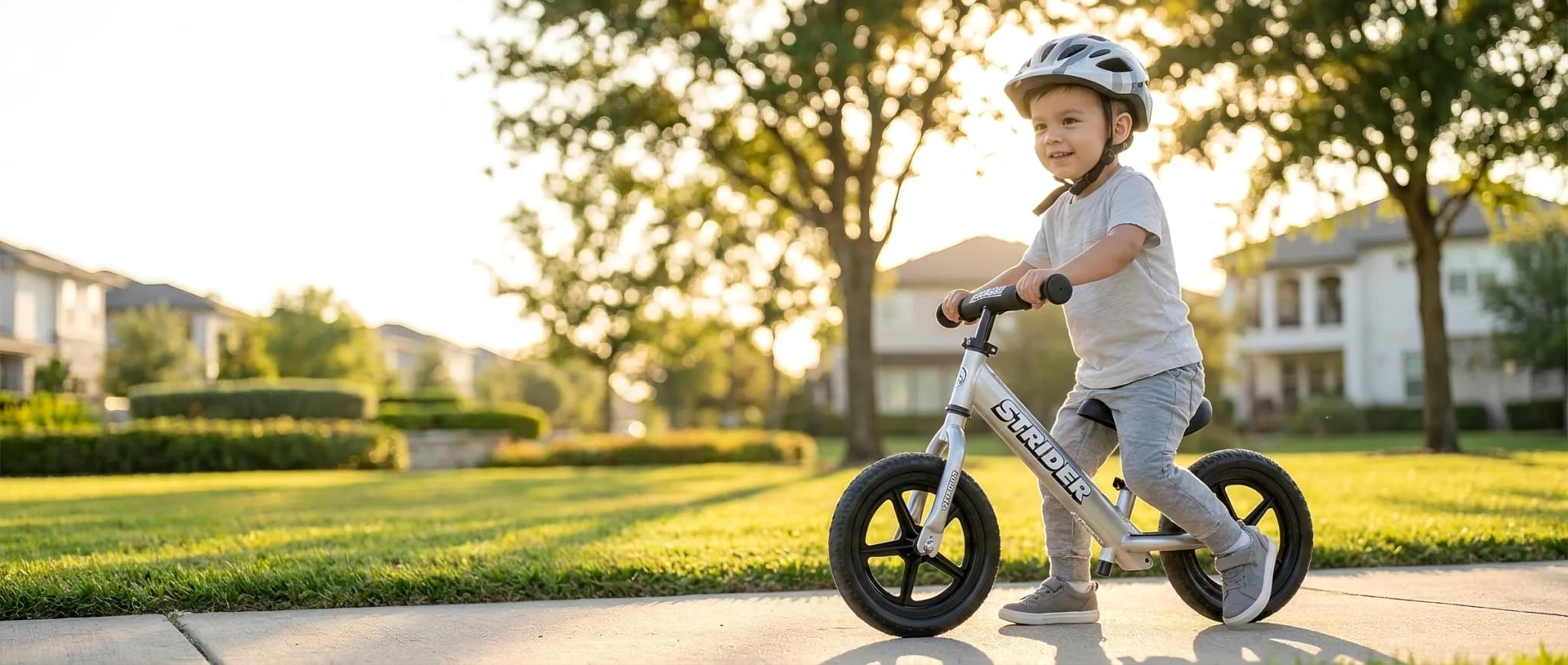 Toddler in a helmet riding a silver Strider balance bike through a sunlit neighbourhood at golden hour