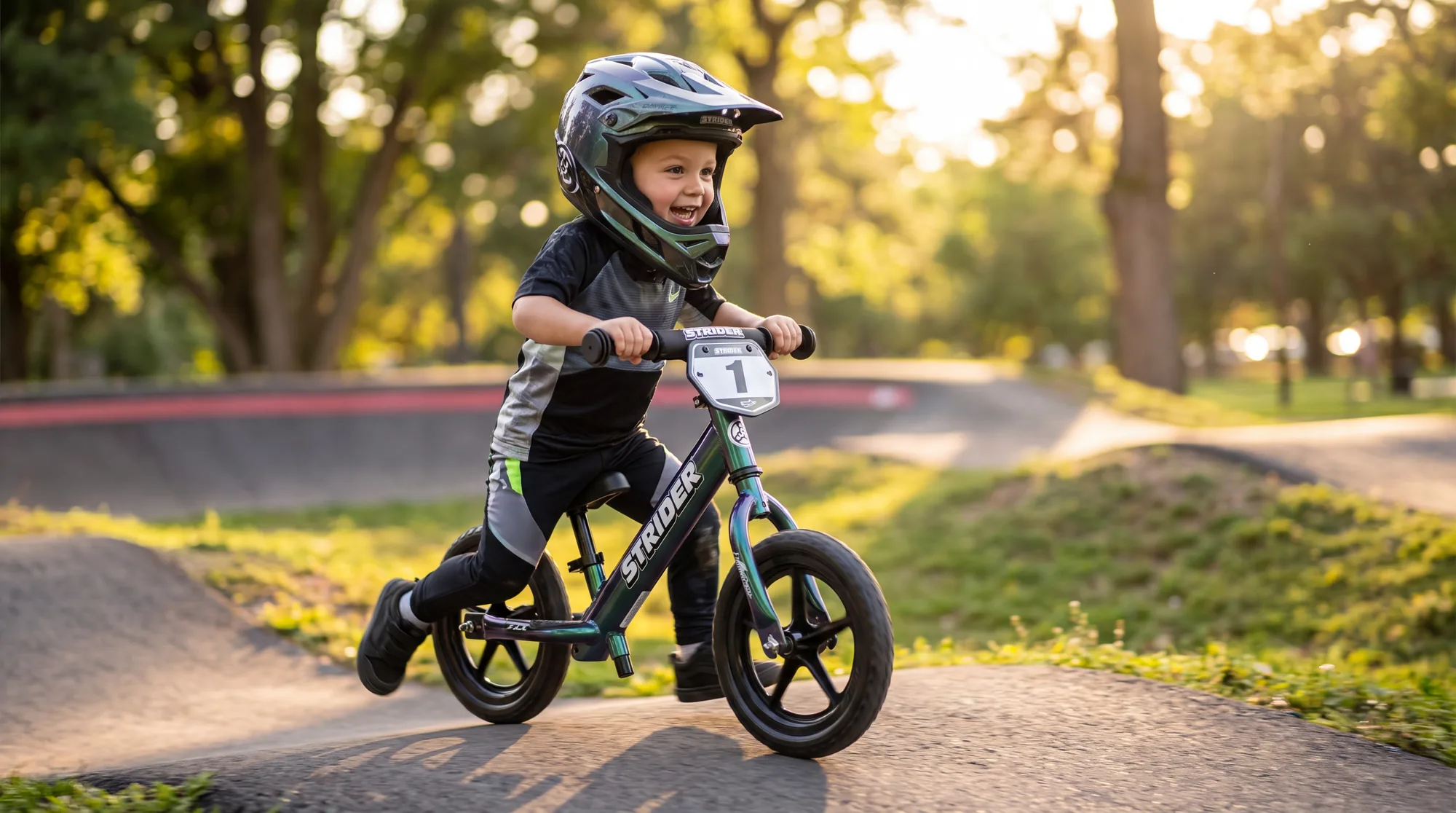 Child racing a Strider 12 Pro balance bike on a pump track