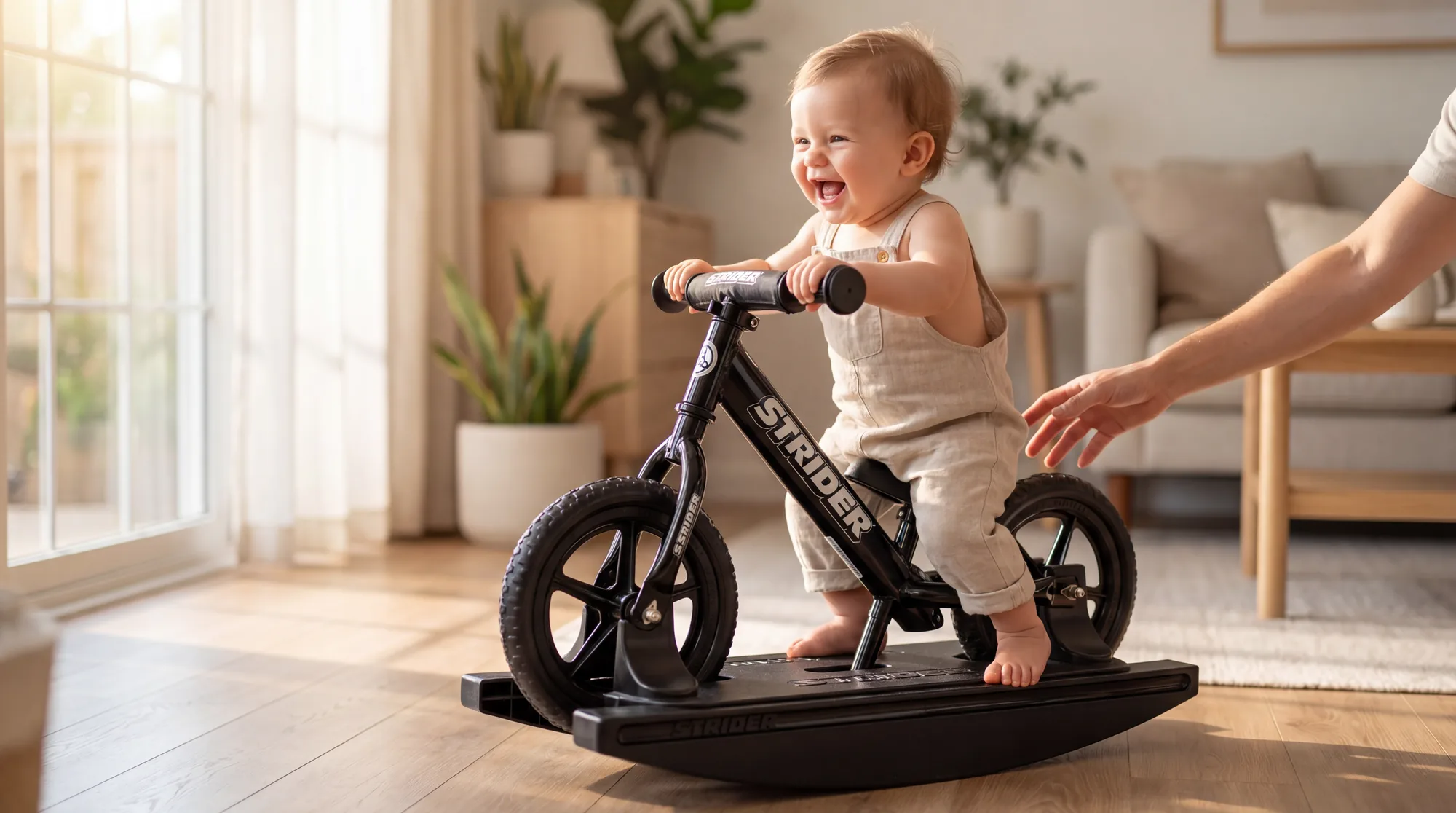 Baby rocking on a Strider Sport 2-in-1 Rocking Bike in a bright living room