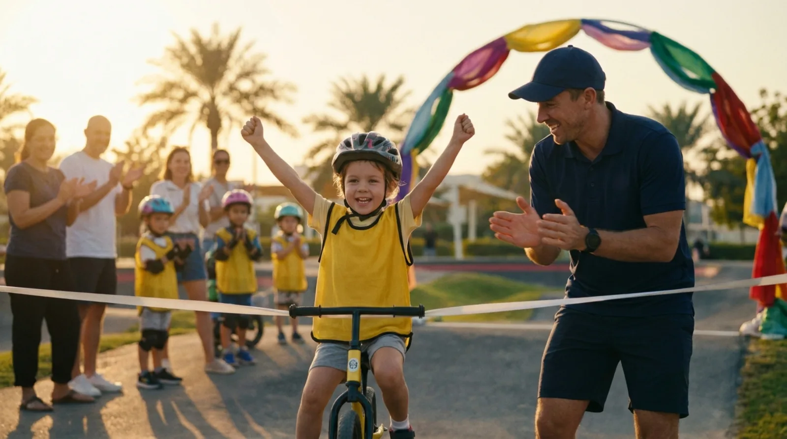 Child celebrating at a Freesol Academy graduation ride as a coach and parents cheer