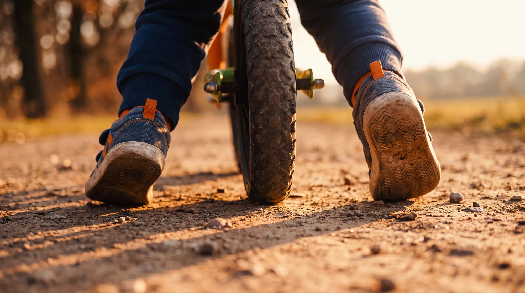 Close-up of a toddler's feet pushing off the ground beside a balance bike wheel