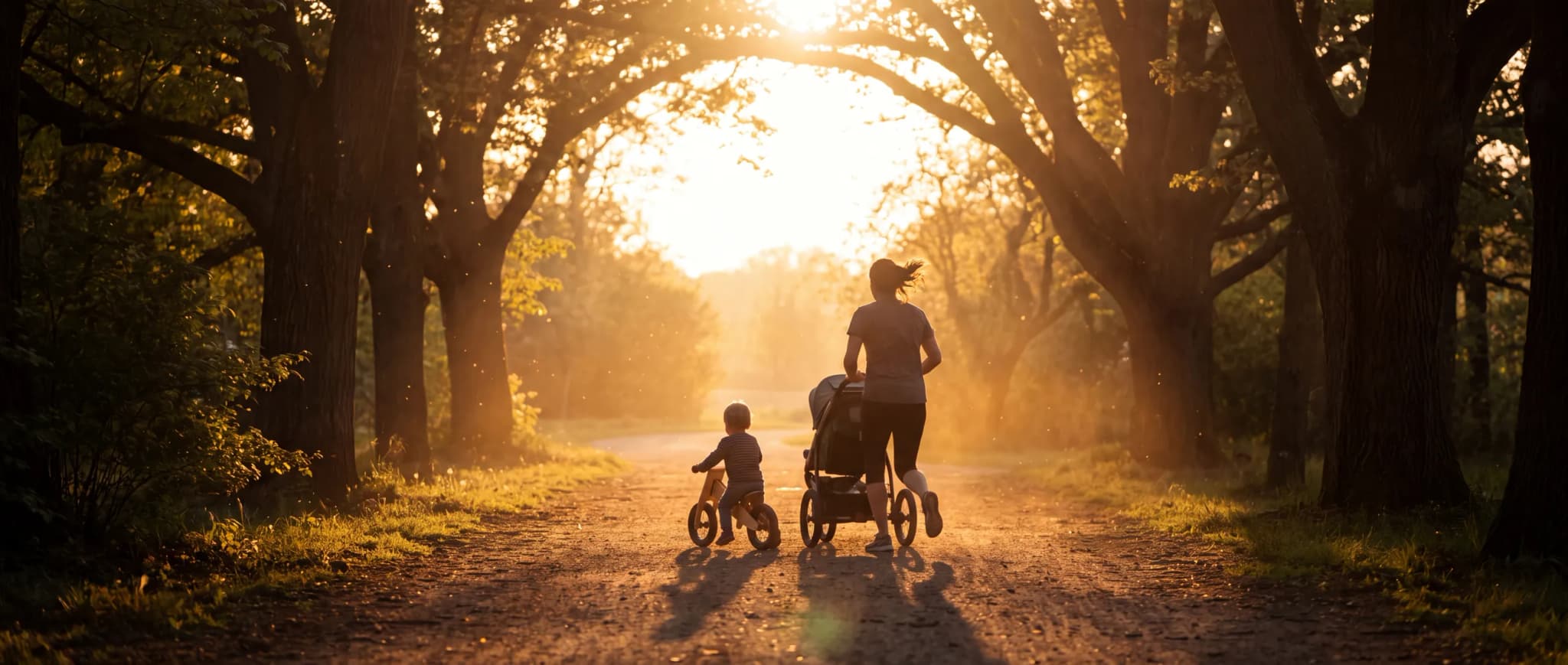 A parent riding alongside their child into golden-hour light
