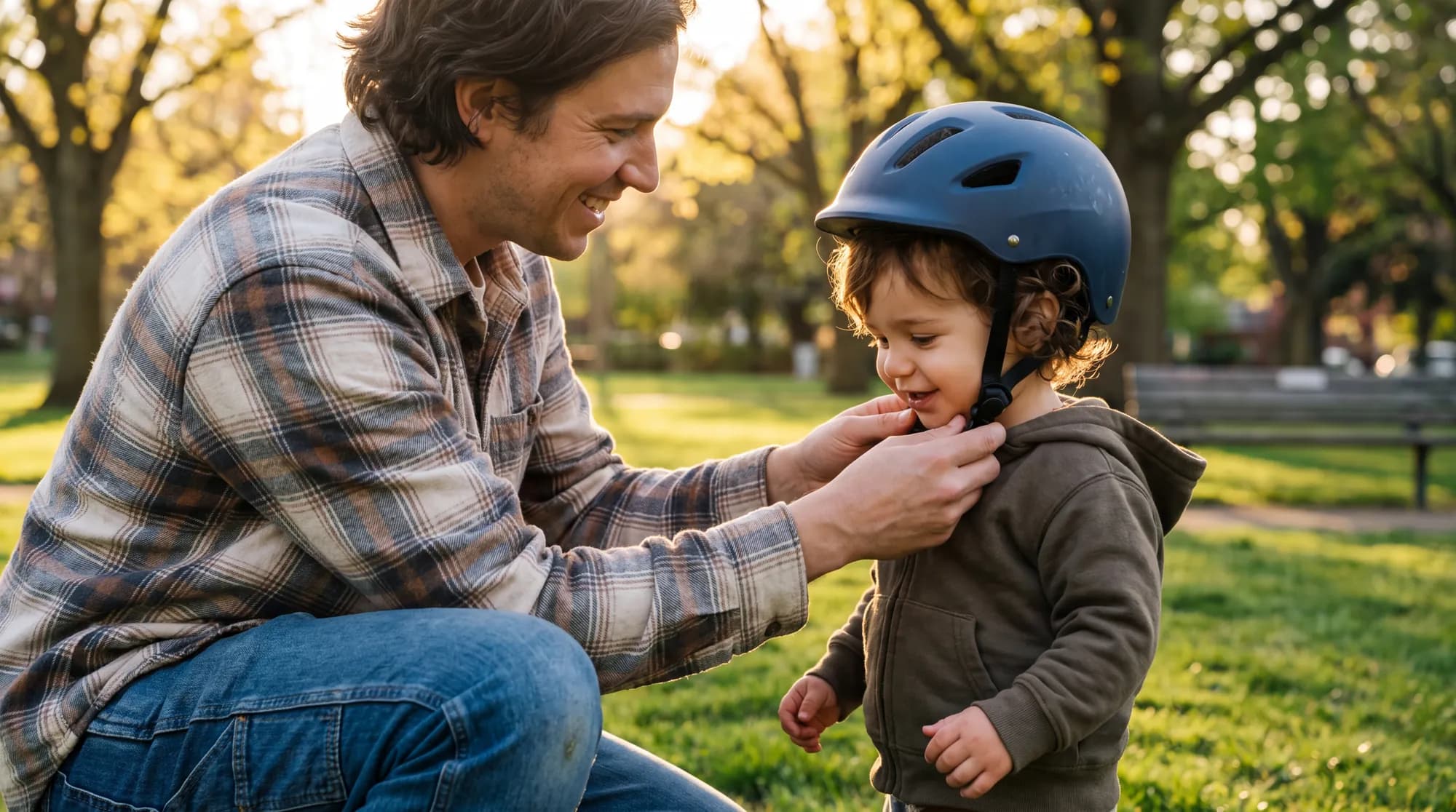 Parent fastening a helmet under a smiling toddler's chin in a park