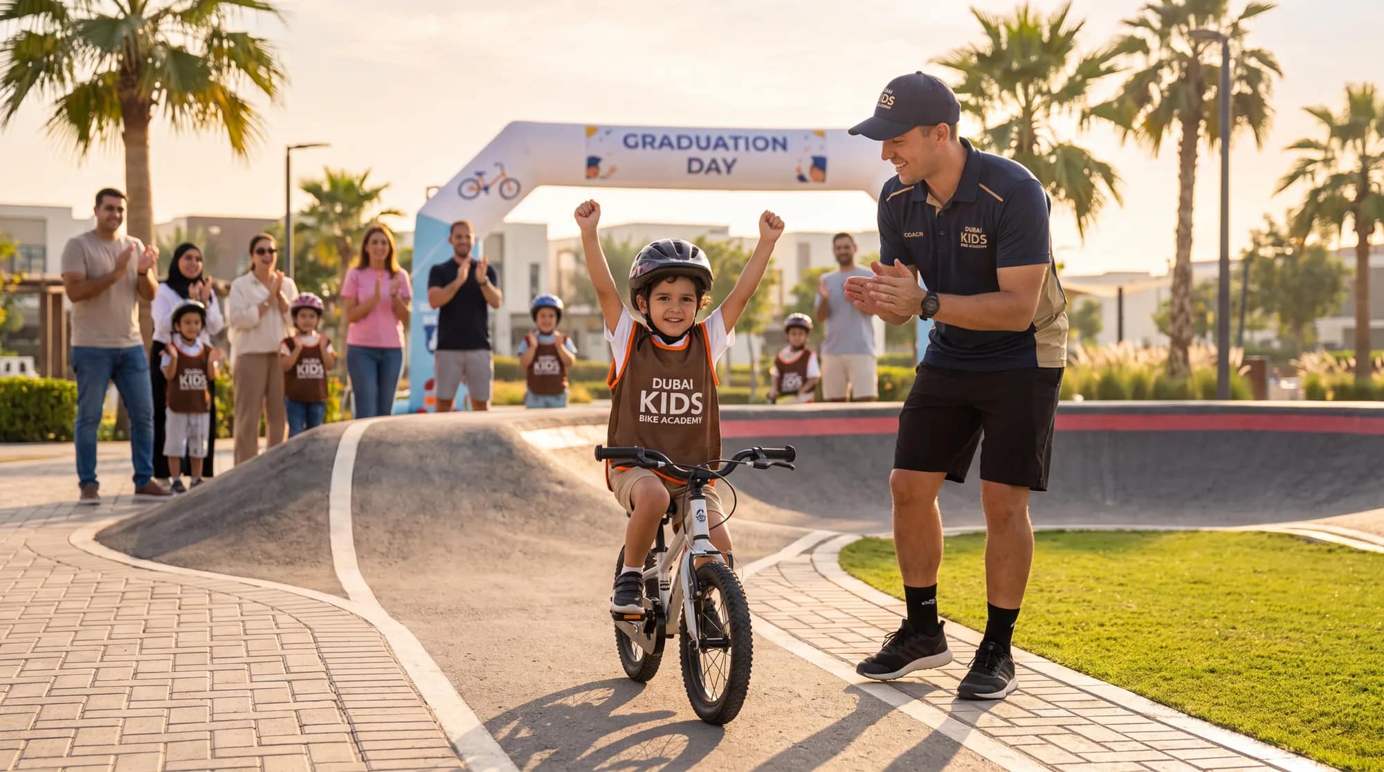 A child riding confidently with a Freesol Academy coach cheering
